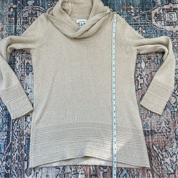 Calvin Klein Tan Beige Cowl Neck Casual Knit Ribbed Sweater Size Medium - Picture 7 of 10